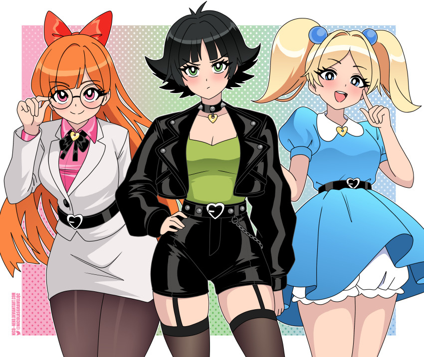3girls absurdres adjusting_eyewear aged_up ahoge alternate_costume artist_name belt belt_buckle wallet_chain black-framed_eyewear black_choker black_hair black_jacket black_pantyhose black_ribbon black_shorts blonde_hair bloomers blossom_(ppg) blue_background blue_dress blue_eyes blue_skirt blush bow breasts bubbles_(ppg) buckle business_suit buttercup_(ppg) chain choker cleavage closed_mouth collar collared_dress collared_shirt cropped_jacket dot_mouth dress family formal_clothes garter_straps glasses green_background green_eyes green_shirt grey_jacket grey_suit hair_bobbles hair_bow hair_intakes hair_ornament hand_on_eyewear hand_on_own_hip heart heart-shaped_buckle heart_pendant high-waist_shorts highres index_finger_raised jacket jewelry large_breasts leather leather_jacket leather_shorts long_hair long_sleeves looking_at_viewer matching_accessory medium_breasts multiple_girls neck_ribbon nico-neko office_lady open_mouth orange_hair pantyhose pencil_skirt pendant pendant_choker pink_background pink_eyes pink_shirt ponytail powerpuff_girls puffy_short_sleeves puffy_sleeves ribbon round_eyewear see-through_clothes see-through_thighhighs shirt short_hair short_sleeves short_twintails shorts siblings sidelocks simple_background sisters skirt smile spiked_choker spiked_collar spikes split_mouth suit suit_jacket thick_thighs thighhighs thighs twintails twitter_username underwear white_bloomers