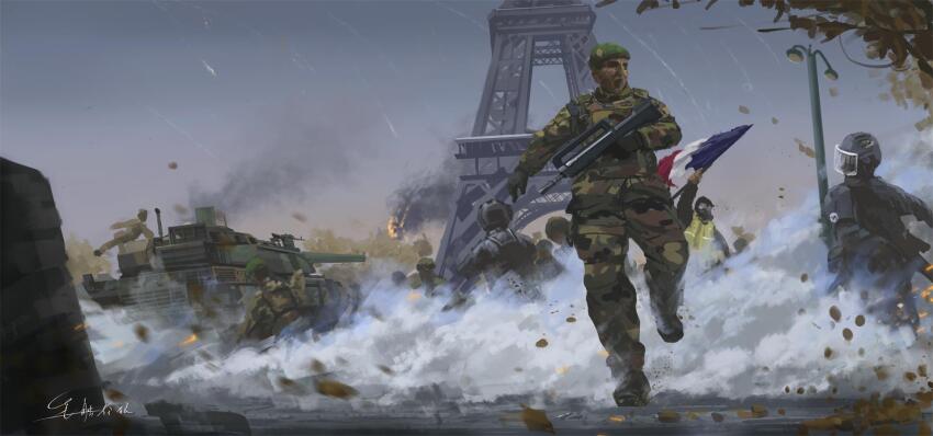 1boy 6+others assault_rifle beret body_armor bullpup camouflage eiffel_tower famas flag french_army french_flag gas_mask gun hat high-visibility_clothing high-visibility_vest highres holding holding_flag lamppost leclerc_(tank) mask military_vehicle motor_vehicle multiple_others open_mouth original paris rifle shouhui_lang_qun signature smoke solo_focus tank tree weapon