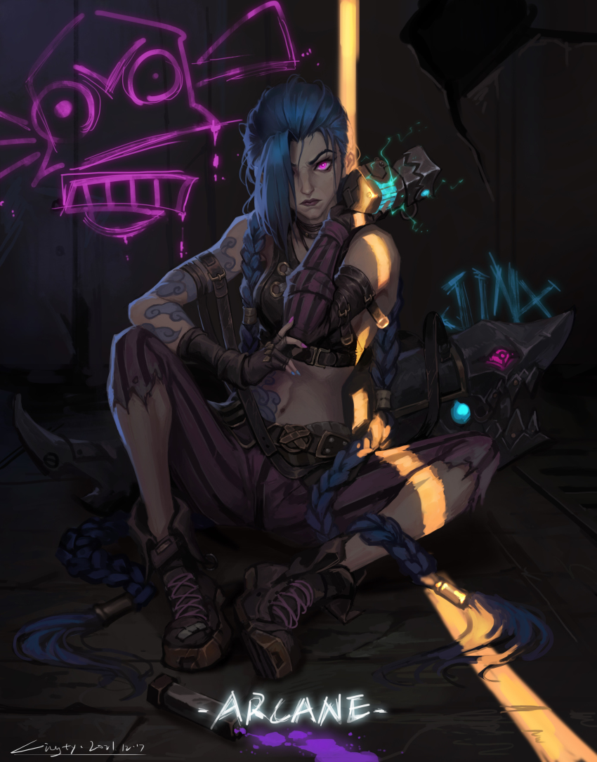 1girl absurdres arcane:_league_of_legends arcane_jinx arm_tattoo asymmetrical_bangs blue_hair boots braid cloud_tattoo copyright_name dated explosive gloves highres jinx_(league_of_legends) league_of_legends long_hair pants rocket_launcher shoulder_tattoo striped_clothes striped_pants tattoo torn_clothes twin_braids twintails very_long_hair weapon weapons