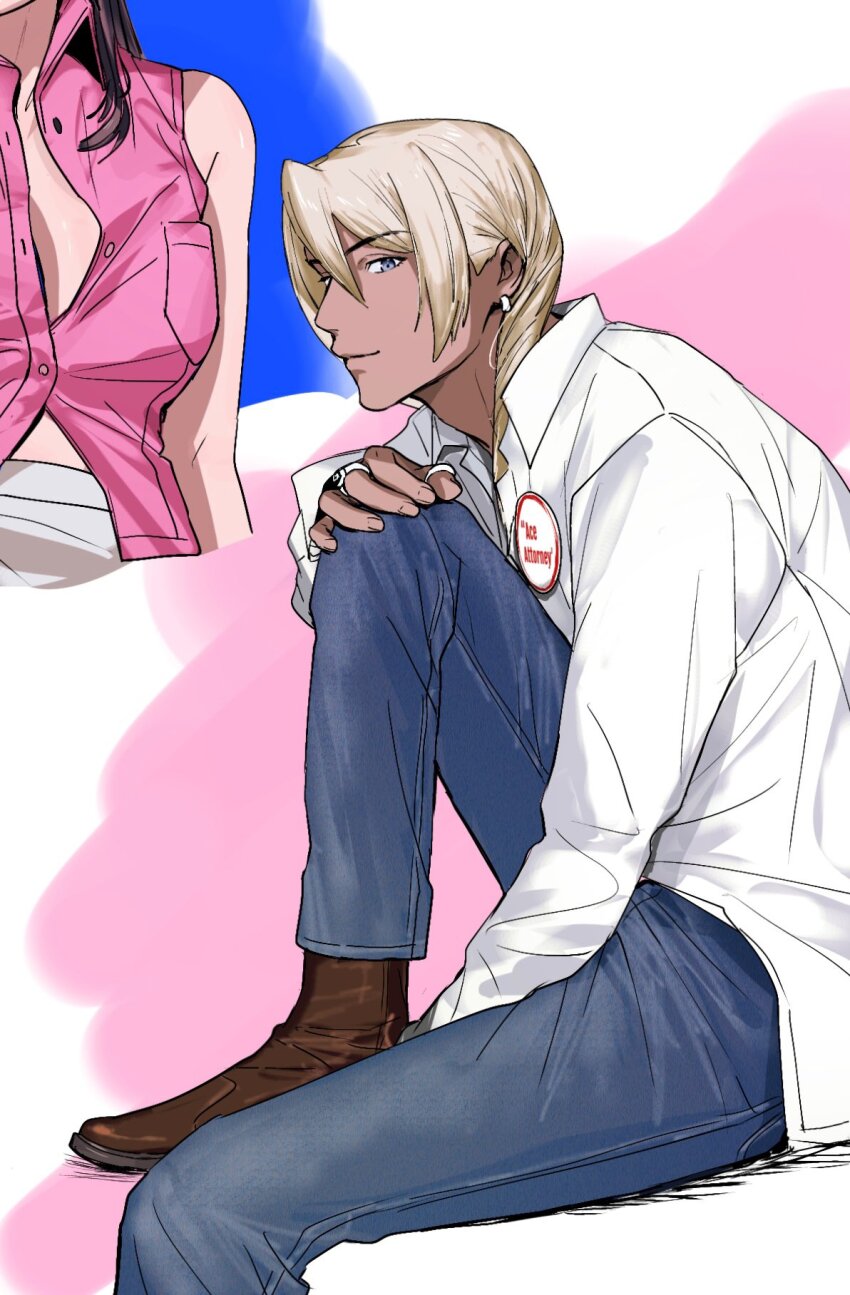 1boy 1girl ace_attorney adam&#039;s_apple alternate_costume amikoiiko apollo_justice:_ace_attorney badge between_legs blonde_hair blue_background blue_eyes boots breast_pocket brown_boots brown_hair button_badge copyright_name cropped cropped_arm dark-skinned_male dark_skin denim dress_shirt drill_hair earrings ema_skye fingernails hand_between_legs hand_on_own_knee highres initial jeans jewelry klavier_gavin knee_up light_smile long_hair long_sleeves looking_at_viewer male_focus middle_ring mismatched_eyebrows multiple_rings pants partially_unbuttoned pink_background pink_shirt pocket ring shirt short_hair simple_background single_earring sitting skirt sleeveless sleeveless_shirt sternocleidomastoid_muscle three-toned_background thumb_ring white_background white_shirt white_skirt