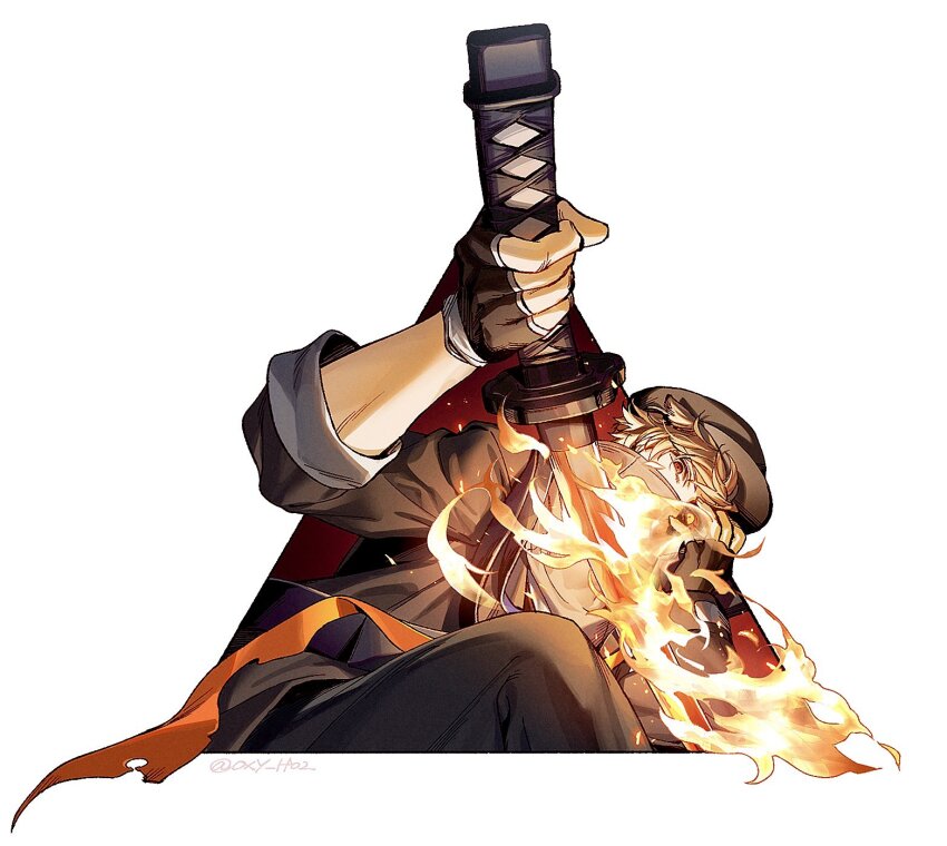 1boy arknights black_gloves black_hat black_jacket black_pants brown_hair fingerless_gloves fire flaming_sword flaming_weapon gloves hat highres holding holding_sword holding_weapon jacket katana long_sleeves looking_at_viewer male_focus newsboy_cap oxy_(ho2) pants red_(npc)_(arknights) red_eyes solo sword weapon white_background
