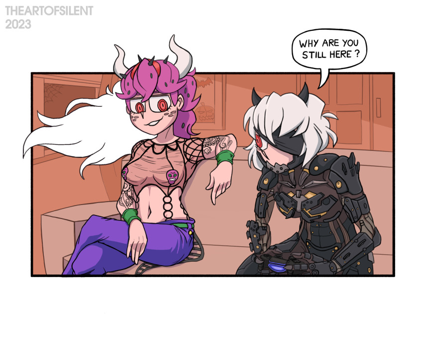 2girls alpha_transparency armor beelzebub_(helltaker) belt black_armor black_horns blindfold breasts commentary cosplay couch cyborg english_commentary english_text feet_out_of_frame green_belt grin helltaker highres horns jojo_no_kimyou_na_bouken king_crimson_(stand) long_hair looking_at_another looking_to_the_side malina_(helltaker) medium_breasts metal_gear_(series) metal_gear_rising:_revengeance midriff multiple_girls navel pants purple_hair purple_pants raiden_(metal_gear) raiden_(metal_gear)_(cosplay) red_eyes see-through_clothes see-through_shirt shirt sitting smile theartofsilent vento_aureo white_hair white_horns wristband