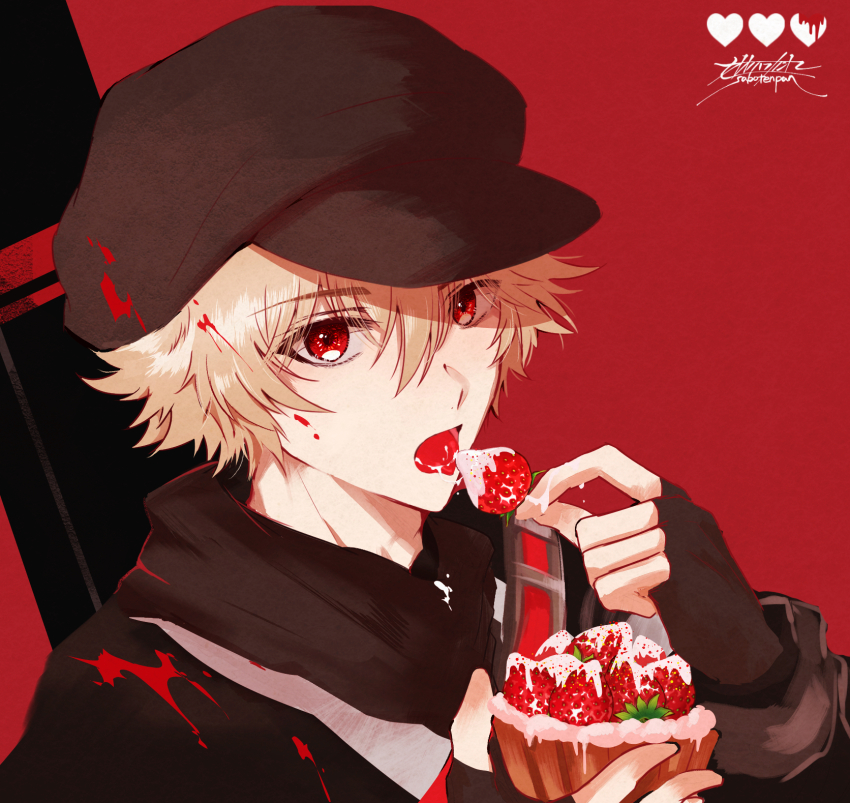 1boy arknights black_gloves black_hat black_jacket brown_hair newsboy_cap fingerless_gloves food fruit gloves hair_between_eyes hat highres holding holding_food jacket looking_at_viewer male_focus oonohara_kenya open_mouth red_(npc)_(arknights) red_background red_eyes simple_background solo strawberry upper_body