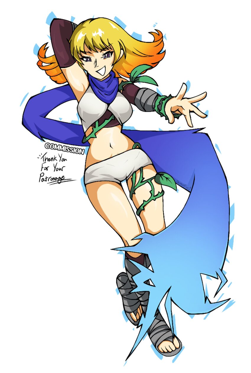 1girl absurdres arm_behind_head blonde_hair blue_scarf breasts commission damonfive0 full_body gradient_hair highres kid_icarus kid_icarus_uprising midriff multicolored_hair navel nintendo orange_hair phosphora purple_eyes scarf shorts signature simple_background solo two-tone_hair white_background white_shorts