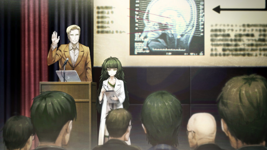 1boy 1girl 6+others alexis_leskinen bad_tag bald blonde_hair blunt_bangs brown_jacket buttons closed_mouth clothing_request coat collar collarbone collared_shirt computer crowd curtains dress flat_chest from_behind game_cg glasses green_collar green_eyes green_hair green_trim grey_dress grin hand_up height_difference highres hiyajou_maho holding holding_tablet_pc hood hood_down hoodie huke jacket lab_coat lapels laptop long_hair long_sleeves looking_at_another messy_hair microphone multiple_others nape non-web_source notched_lapels official_art rabbit_zipper ringed_eyes shirt short_hair smile square_pupils standing steins;gate steins;gate_0 tablet_pc thick_eyebrows very_long_hair very_short_hair white_coat white_shirt
