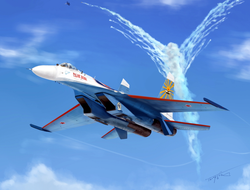 1boy ace_combat aircraft airplane artist_name cloud contrail day fighter_jet flying highres military military_vehicle no_humans pilot realistic signature sky su-27 thompson_(solowingfh) vehicle_focus