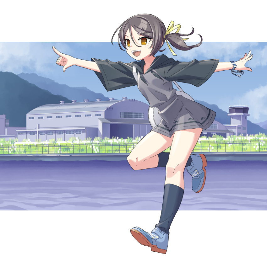 1girl absurdres bag black_hair black_socks bracelet brown_eyes building cloud full_body hair_between_eyes hair_ornament hair_ribbon hairclip highres hood hood_down inagi_(kancolle) inagi_(maizuru)_(kancolle) jewelry kantai_collection kazh_(kazu) kneehighs mountain open_mouth outdoors ribbon shoes short_sleeves sky socks solo water yellow_ribbon