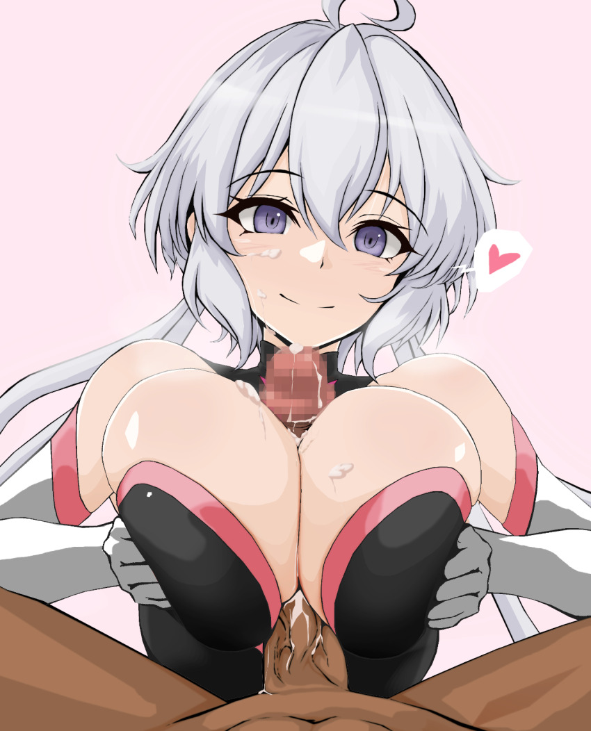 1boy 1girl after_paizuri ahoge black_leotard breasts censored cleavage commission cum cum_on_body cum_on_breasts cum_on_upper_body elbow_gloves facial gloves hair_between_eyes heart highres large_breasts large_variant_set leotard light_blush long_hair looking_at_viewer mosaic_censoring paizuri penis pink_background pixiv_commission purple_eyes senki_zesshou_symphogear simple_background spoken_heart tarabaganioisii twintails undersuit variant_set veins veiny_penis very_long_hair white_gloves white_hair yukine_chris