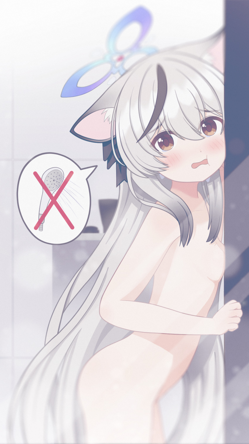 1girl absurdres against_glass animal_ear_fluff animal_ears ass bathroom black_ribbon blue_archive blue_halo blush breast_press breasts brown_eyes completely_nude crying crying_with_eyes_open dot_nose from_side furrowed_brow grey_hair hair_between_eyes hair_over_shoulder hair_ribbon halo hand_up highres kokona_(blue_archive) ksj1030 loli long_hair looking_at_viewer looking_to_the_side multicolored_hair nude open_mouth ribbon showering sidelocks small_breasts solo speech_bubble standing steam streaked_hair tears thighs tiger_ears tiger_girl very_long_hair