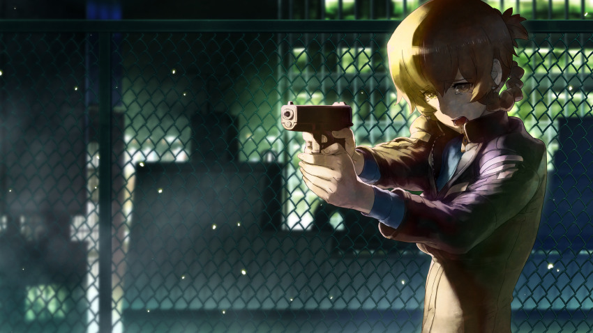 aiming amane_suzuha amane_suzuha_(beta) black_jacket blood blood_drip blood_on_face blue_jacket blue_track_suit blurry blurry_foreground braid breasts brown_hair cityscape cropped_jacket finger_on_trigger game_cg glock gun hair_rings handgun high_collar highres huke jacket jacket_over_jacket leather leather_jacket light_particles medium_breasts night non-web_source official_art open_mouth ringed_eyes sad screaming steins;gate steins;gate_0 tearing_up teeth tongue track_jacket track_suit twin_braids twintails weapon yellow_eyes