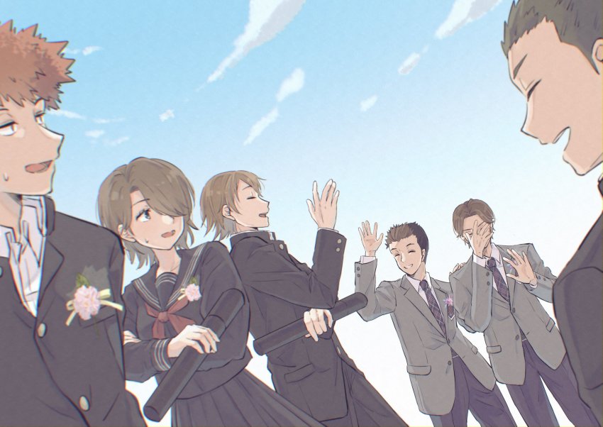 ^_^ black_hair black_jacket black_pants black_skirt blazer blouse blue_sky boutonniere brown_hair closed_eyes cloud collared_shirt corsage covering_face day diploma dutch_angle embarrassed flower gakuran graduation grey_hair grey_jacket hand_on_own_face hand_up highres hitomi_mako holding holding_diploma jacket kanda_tadaomi kurauchi_kazuki kuro_n314 light_brown_hair long_sleeves looking_at_another looking_away looking_back mizukami_satoshi_(world_trigger) multicolored_hair murakami_kou neckerchief necktie orange_hair ouji_kazuaki outdoors pants pink_flower plaid_clothes plaid_necktie pleated_skirt profile red_neckerchief school_uniform shirt short_hair skirt sky standing sweatdrop tube two-tone_hair waving white_shirt world_trigger