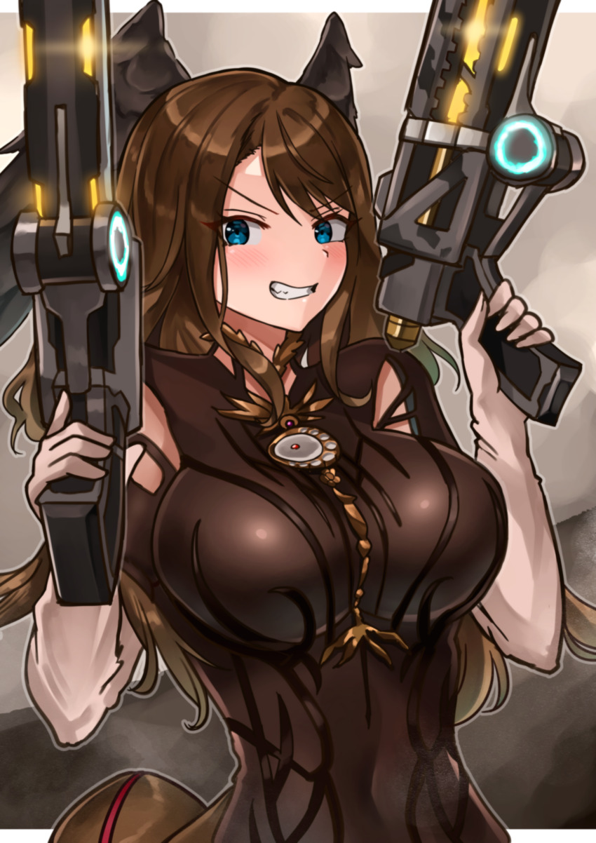 1girl absurdres alternate_color alternate_hair_length alternate_hairstyle bayonetta bayonetta_(cosplay) bayonetta_(series) black_wings blue_eyes bodysuit border breasts brown_background brown_bodysuit brown_hair commentary cosplay dual_wielding elbow_gloves eunie_(xenoblade) feathered_wings gloves grin gun handgun head_wings highres holding holding_gun holding_weapon large_breasts letterboxed long_hair looking_at_viewer outside_border smile solo weapon white_border white_gloves wings xenoblade_chronicles_(series) xenoblade_chronicles_3 yotsuha_uni