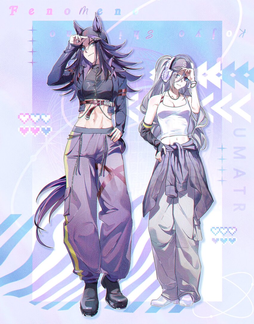 2girls abs absurdres animal_ears arm_warmers baggy_pants bare_shoulders baseball_cap black_hair black_hat black_jacket black_shoes breasts character_name chest_belt clothes_around_waist commentary cropped_jacket cropped_shirt ears_through_headwear female_trainer_(umamusume) fenomeno_(umamusume) flipped_hair full_body grey_hair hair_between_eyes hand_on_headwear hat headphones heart height_difference high_collar high_heels highres horse_ears horse_girl horse_tail jacket jacket_around_waist jewelry kojyo_shino_(murangee) long_hair long_sleeves midriff multiple_girls murangee navel necklace neon_palette oc_x_canon original pants purple_hair purple_pants purple_tail purple_theme shoes single_arm_warmer standing tail tank_top trainer_(umamusume) umamusume vaporwave white_shoes white_tank_top y2k_fashion