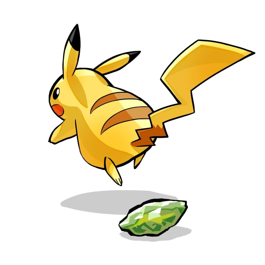 animal_focus black_eyes commentary_request creatures_(company) evolution_stone evolutionary_stone ffccll full_body game_freak gem gen_1_pokemon green_gemstone highres jumping nintendo no_humans pikachu pokemon pokemon_(creature) pokemon_focus solo thunder_stone white_background