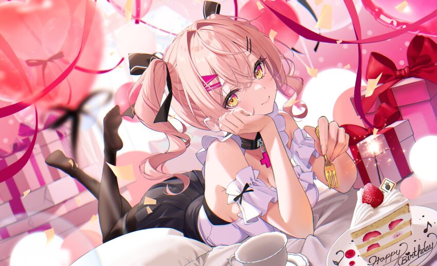 1girl balloon bare_legs belt_collar black_pantyhose box cake collar cup dutch_angle food fork full_body gift gift_box hair_intakes hair_ornament hair_ribbon hairclip hand_on_own_cheek hand_on_own_face happy_birthday heart_balloon highres holding holding_fork indie_virtual_youtuber legs_up lying minaton mirea off-shoulder_shirt off_shoulder on_stomach orange_eyes pantyhose pink_hair plate pleated_skirt ribbon second-party_source shirt skirt smile solo teacup the_pose twintails