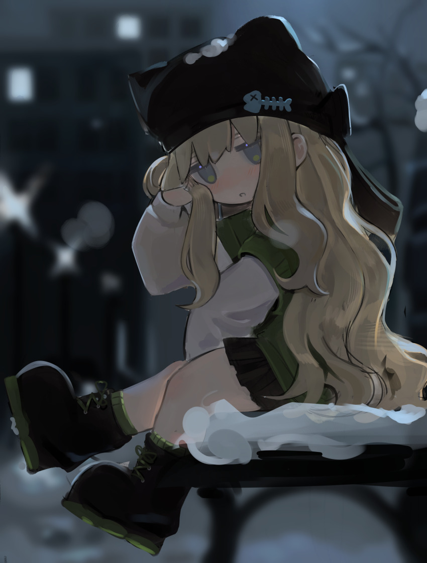 1girl :o absurdres animal animal_ear_headwear animal_ears animal_hat bench between_legs black_skirt blurry blurry_background blush boots cat cat_hat cross-laced depth depth_of_field fake_animal_ears full_body green_eyes green_jacket green_shirt green_socks hand_between_legs hand_in_own_hair hand_up hat highres jacket kipfel_(vrchat) layered layered_sleeves long_hair long_sleeves looking_at_viewer miniskirt night on_bench open_mouth outdoors parted parted_lips pleated pleated_skirt shirt short_over_long_sleeves short_sleeves si_(sitisi_28) sitting skirt snow snowing socks solo very_long_hair vrchat white_shirt winter
