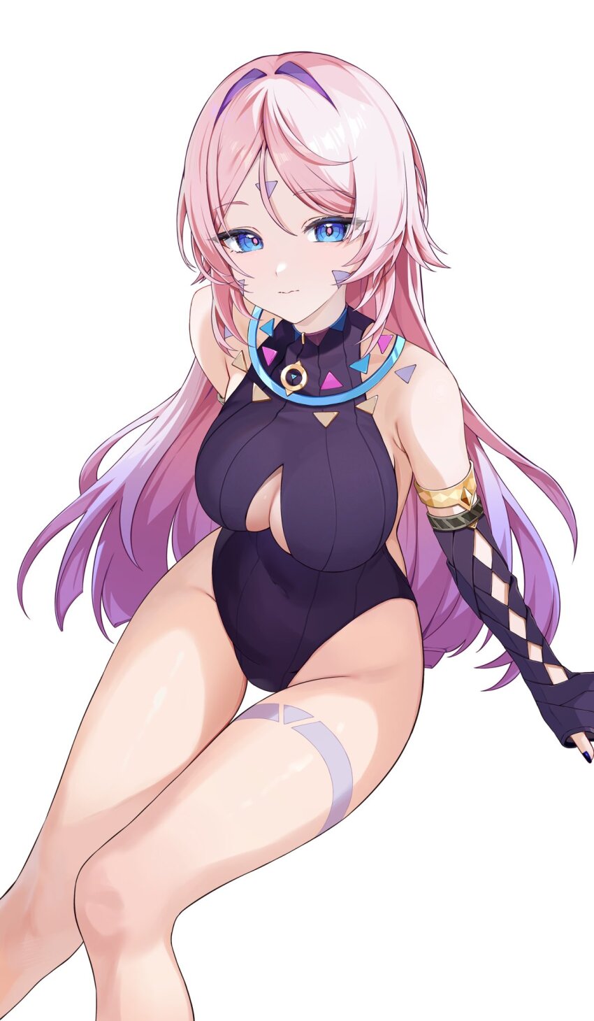 1girl bare_legs bare_shoulders black_gloves black_leotard black_sleeves blue_eyes blush breasts chobonu citlali_(genshin_impact) closed_mouth clothing_cutout facial_mark forehead forehead_mark genshin_impact gloves hair_between_eyes highres leg_tattoo leotard long_hair looking_at_viewer medium_breasts pink_hair pink_pupils solo tattoo triangle triangle_facial_mark very_long_hair