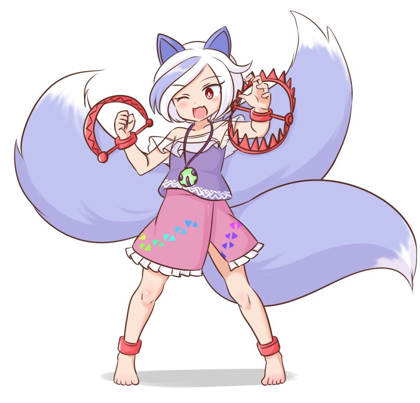 1girl ;d animal_ears barefoot bear_trap bright_pupils commentary_request dog_ears dog_girl dog_tail extra_tails full_body highres jewelry mitsugashira_enoko mizusoba multicolored_hair multiple_tails off-shoulder_shirt off_shoulder one_eye_closed open_mouth pendant pink_skirt purple_hair purple_shirt rainbow_print red_eyes shirt skirt smile solo standing streaked_hair tail touhou triangle_print white_hair white_pupils