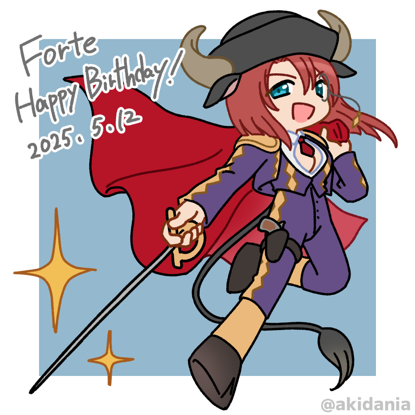 1girl :d absurdres alternate_costume blue_eyes cape character_name dated forte_stollen galaxy_angel happy_birthday highres holding holding_sword holding_weapon kitaru monocle monocle_chain open_mouth red_cape red_hair short_hair smile solo star_(symbol) sword twitter_username weapon