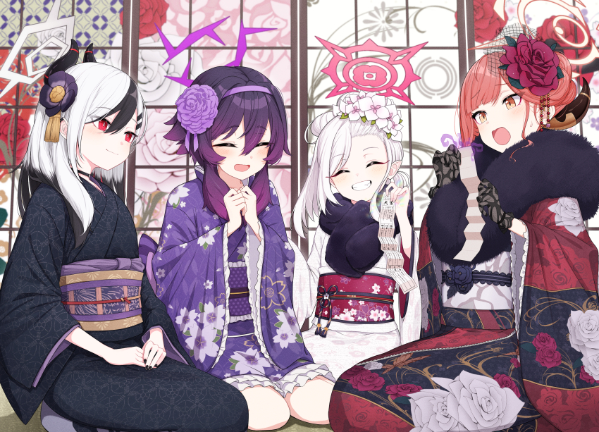 4girls absurdres aru_(blue_archive) aru_(new_year)_(blue_archive) black_hair black_horns black_kimono black_nails blue_archive blush brown_horns closed_eyes closed_mouth demon_horns fingernails floral_print flower fur-trimmed_kimono fur_trim grey_hair grey_halo grin hair_between_eyes hair_flower hair_ornament halo haruka_(blue_archive) haruka_(new_year)_(blue_archive) highres horns hotta_karasi japanese_clothes kayoko_(blue_archive) kayoko_(new_year)_(blue_archive) kimono long_hair long_sleeves medium_hair multicolored_hair multiple_girls mutsuki_(blue_archive) mutsuki_(new_year)_(blue_archive) nail_polish official_alternate_costume omikuji open_mouth pink_hair pink_halo pointy_ears print_kimono problem_solver_68_(blue_archive) purple_hair purple_halo purple_kimono red_eyes red_kimono smile white_flower white_kimono wide_sleeves yellow_eyes