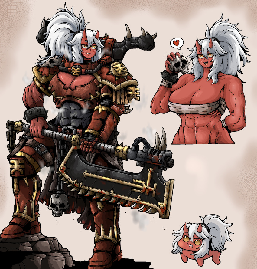 1girl abs adeptus_astartes armor axe backpack bag boots breasts chain chain_axe chaos_(warhammer) chaos_space_marine cleavage cropped_torso cuffs doro_(nikke) gauntlets genderswap genderswap_(mtf) gorget heart highres holding holding_axe holding_weapon horns khorne_(cult) multiple_views muscular muscular_female octosoup pauldrons ponytail power_armor sarashi shackles sharp_teeth shoulder_armor single_gauntlet skull solo spoken_heart teeth warhammer_40k weapon white_hair yellow_eyes