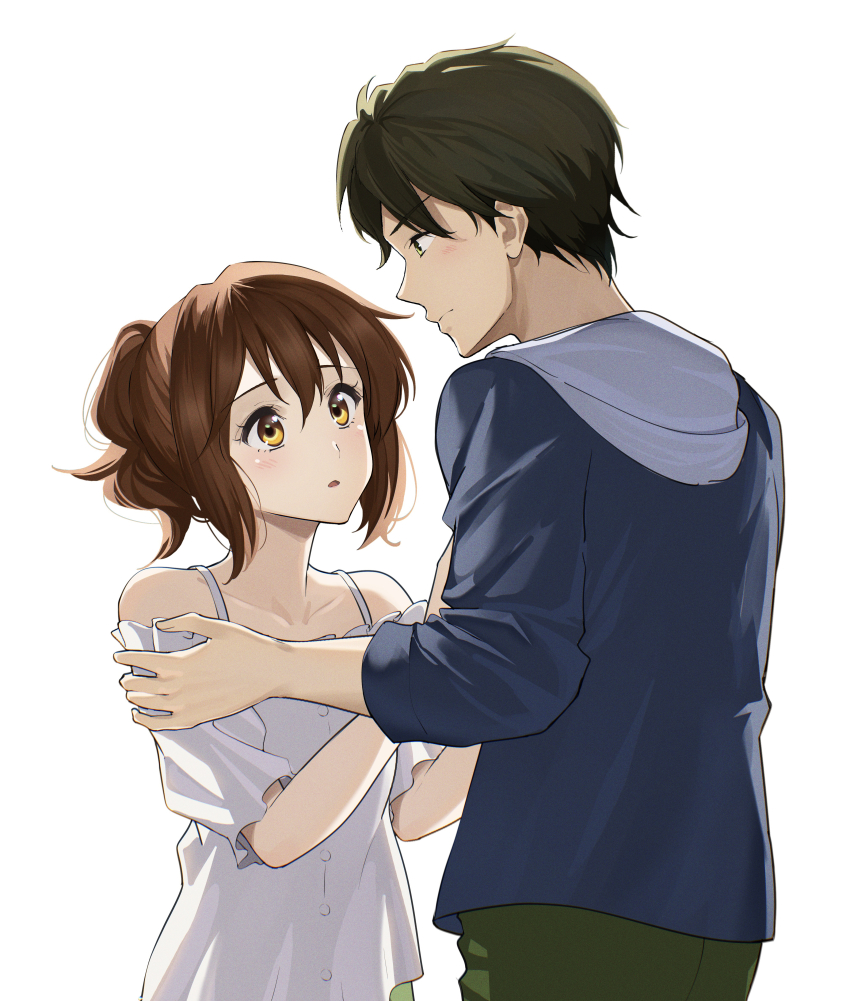 1boy 1girl absurdres akane_(tgixb) blue_hoodie brown_hair commentary_request couple fluffy_hair green_eyes green_pants hands_on_another&#039;s_arms hands_on_another&#039;s_chest hibike!_euphonium highres hood hoodie looking_at_viewer medium_hair off-shoulder_shirt off_shoulder oumae_kumiko pants ponytail shirt spaghetti_strap tsukamoto_shuuichi white_background white_shirt yellow_eyes