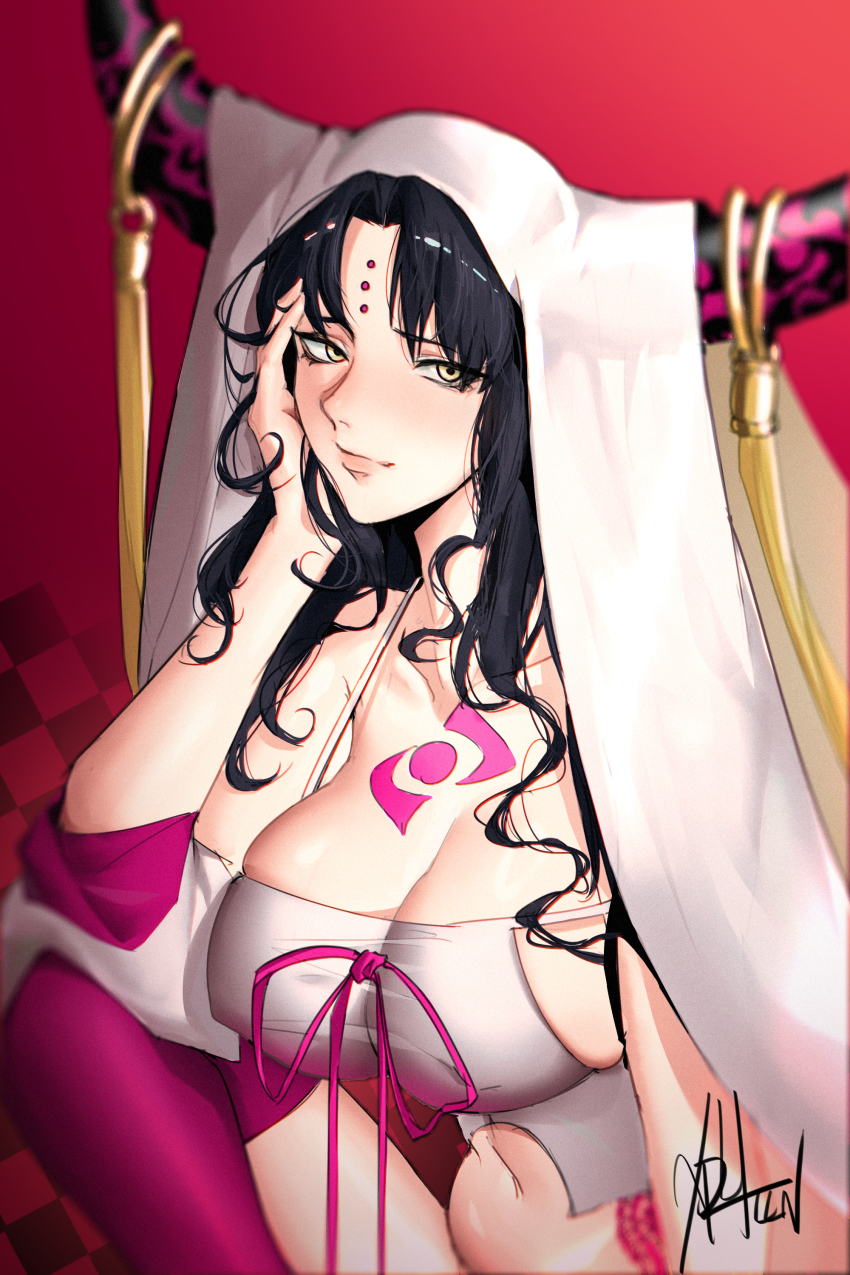 1girl absurdres artist_name black_hair breasts chest_tattoo chinese_commentary cleavage closed_mouth dress elbow_on_knee facial_mark fate/grand_order fate_(series) forehead_mark hand_on_own_face highres horn_ornament horns large_breasts long_hair looking_to_the_side multicolored_horns navel pink_horns pink_ribbon ribbon sessyoin_kiara sessyoin_kiara_(heaven&#039;s_hole) sessyoin_kiara_(third_ascension) tattoo veil white_dress white_veil xphlln