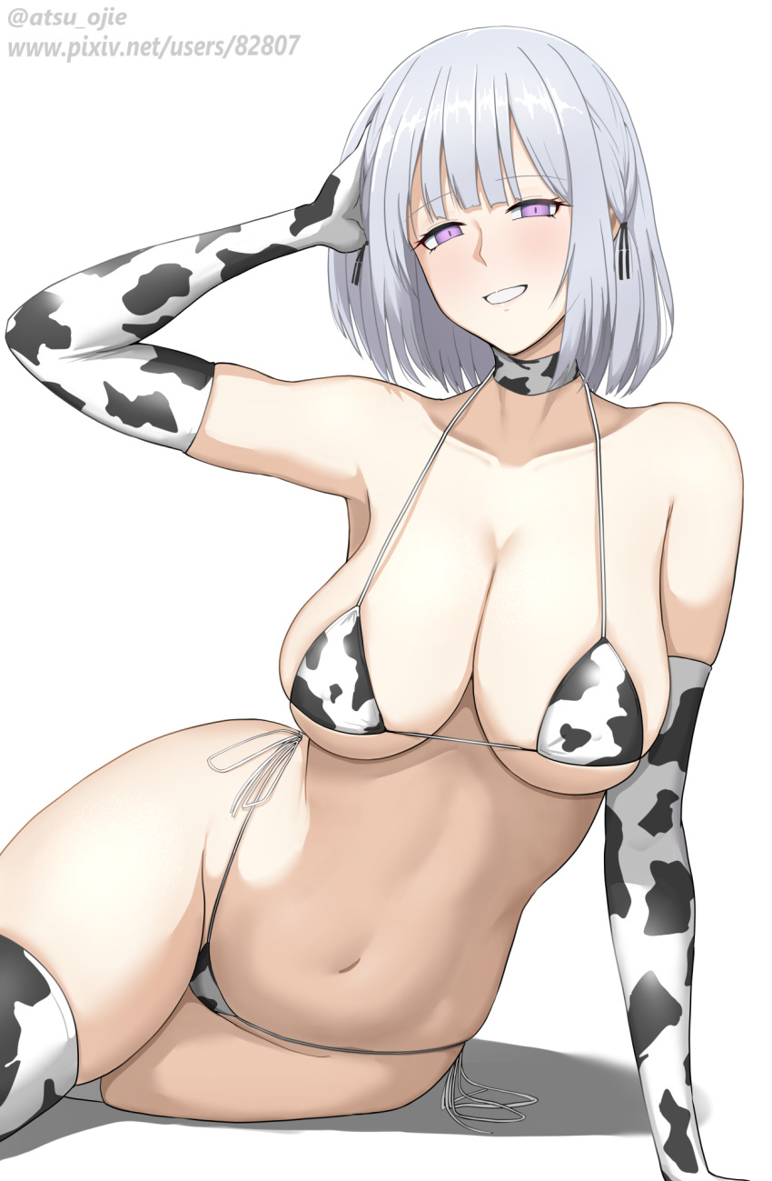 1girl animal_print artist_name bikini black_bikini black_choker black_gloves black_thighhighs breasts choker cleavage commentary cow_print cow_print_bikini cow_print_gloves cow_print_thighhighs elbow_gloves girls&#039;_frontline gloves grey_hair highres large_breasts looking_at_viewer lying multicolored_bikini navel on_side parted_lips print_bikini print_gloves print_thighhighs purple_eyes rpk-16_(girls&#039;_frontline) short_hair side-tie_bikini_bottom simple_background sitting skindentation smile solo stomach string_bikini sumi_ojie swimsuit thighhighs twitter_username two-tone_bikini two-tone_choker two-tone_gloves two-tone_thighhighs white_background white_bikini white_choker white_gloves white_thighhighs