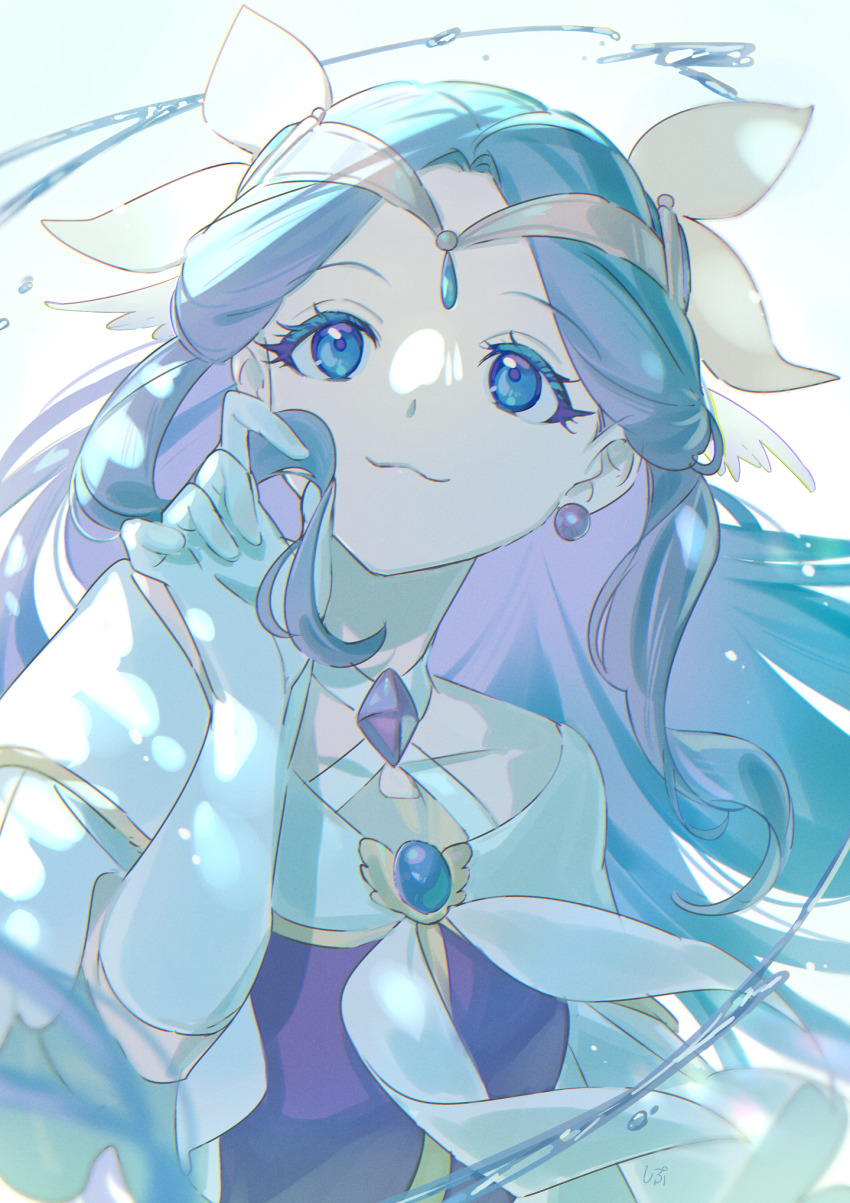 1girl :3 blue_eyes bow brooch circlet closed_mouth collarbone criss-cross_straps cure_earth dot_nose dress earrings eyelashes floating_hair frills fuurin_asumi gloves gold_circlet hair_bow hair_ornament happy healin&#039;_good_precure highres holding holding_own_hair jewelry light_particles long_hair magical_girl neckerchief precure purple_dress purple_hair shipu_(gassyumaron) short_sleeves smile solo sphere_earrings tareme upper_body upturned_eyes very_long_hair water wavy_hair white_background white_bow white_gloves white_neckerchief white_sleeves wing_hair_ornament