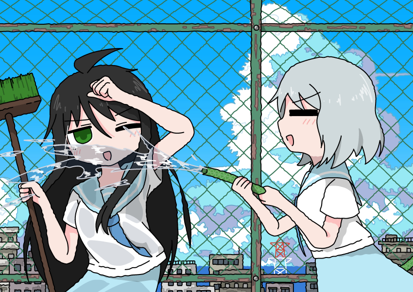 2girls =_= absurdres black_hair blue_sailor_collar blue_sky broom chain-link_fence cloud day emesan_desu fence green_eyes grey_hair highres holding holding_broom holding_hose hose long_hair medium_hair multiple_girls one_eye_closed open_mouth original outdoors sailor_collar school_uniform serafuku shirt short_sleeves sky smile summer summer_uniform water wet wet_clothes white_shirt