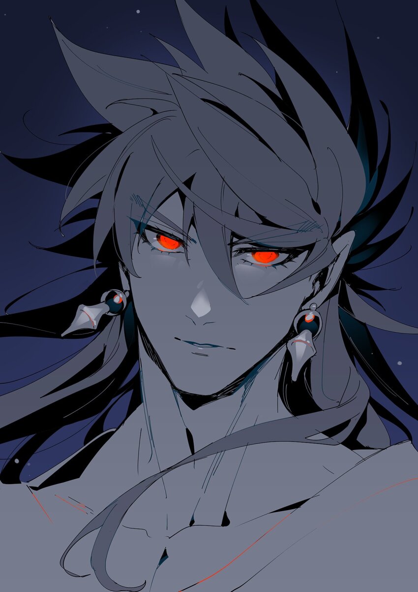 bare_shoulders blue_background blue_hair collarbone dark_blue_hair earrings fate/grand_order fate_(series) glowing glowing_eyes hair_between_eyes highres jewelry koshiro_itsuki long_hair looking_at_viewer male_focus red_eyes romulus_(fate) romulus_quirinus_(fate) simple_background solo upper_body