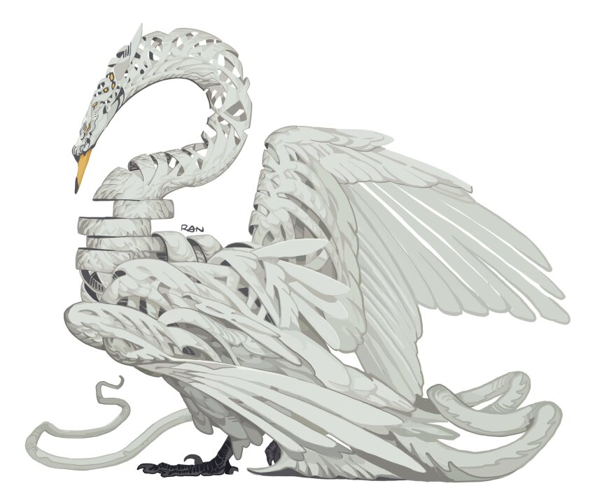 animal_focus artist_name beak bird claws commentary english_commentary feathered_wings from_side full_body highres hollow_body no_humans original ran_(yitanran) signature simple_background sliced solo surreal swan tail unraveling white_background wings