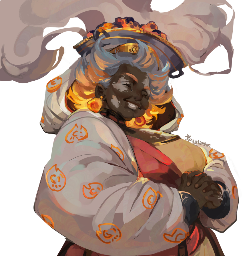 1girl breasts closed_eyes coal dark-skinned_female dark_skin earrings fat fat_woman flipped_hair grin hades_(series) hades_2 hestia_(hades) highres hood itataminn jewelry large_breasts long_sleeves mature_female medium_hair own_hands_clasped own_hands_together pot_on_head smile smoke solo vitiligo white_hair
