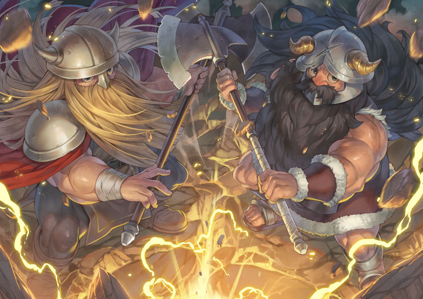 2boys armor axe battle_axe beard beard_over_mouth black_hair boots bracer broken_ground brown_hair cloak commentary crossover debris double-sided_axe dungeon_meshi dwarf eisen_(sousou_no_frieren) facial_hair fake_horns floating_rock ground_shatter hagure_keg helm helmet holding holding_axe holding_weapon horned_helmet horns lightning long_beard long_hair looking_at_viewer multiple_boys muscular muscular_male mustache pauldrons red_cloak rock senshi_(dungeon_meshi) shoulder_armor sousou_no_frieren thick_mustache toeless_footwear very_long_beard weapon wrist_wrap
