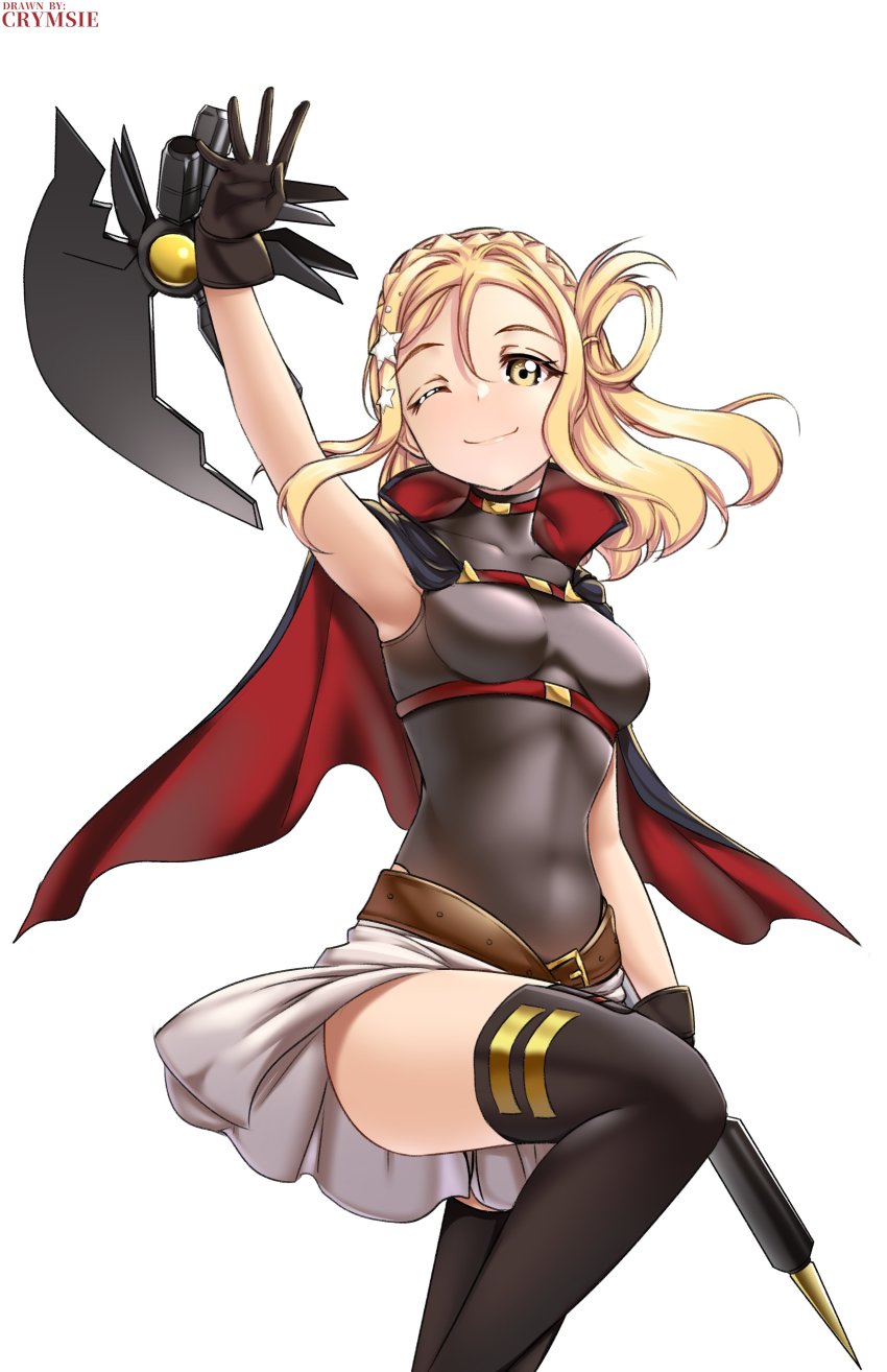 1girl absurdres artist_name bardiche_(axe_form)_(nanoha) bardiche_(nanoha) belt belt_bra black_gloves black_thighhighs blonde_hair blush breasts brown_belt closed_mouth commission cosplay fate_testarossa fate_testarossa_(cosplay) fate_testarossa_(movie_1st_form) female_focus gloves hair_ornament highres holding holding_weapon looking_at_viewer love_live! love_live!_sunshine!! lyrical_nanoha medium_breasts medium_hair ohara_mari one_eye_closed rachel_bouvier smile solo star_(symbol) star_hair_ornament thighhighs weapon yellow_eyes