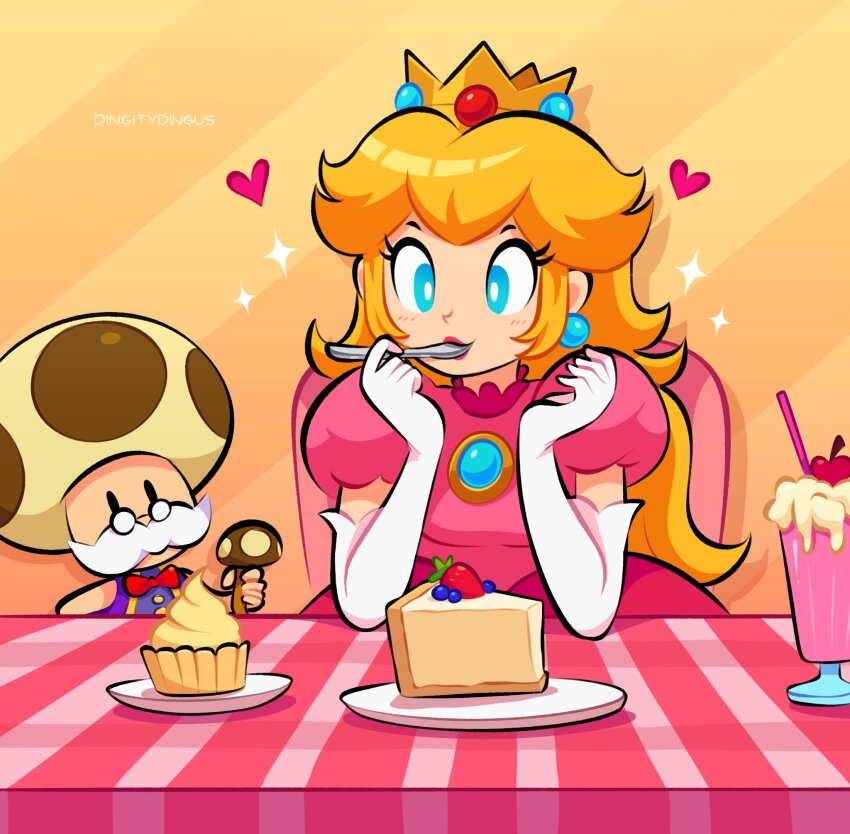 1boy 1girl blonde_hair blue_eyes blue_gemstone blueberry brooch cake cake_slice crown cupcake dress earrings elbow_gloves facial_hair food fruit gem glasses gloves heart highres holding holding_spoon indoors jewelry long_hair mario_(series) milkshake mustache nintendo pink_dress plate princess_peach puffy_short_sleeves puffy_sleeves short_sleeves sitting sphere_earrings spoon strawberry striped_tablecloth table toadsworth vinny_(dingitydingus) white_gloves