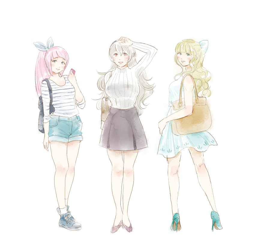 3girls absurdres alternate_costume bavaa blonde_hair charlotte_(fire_emblem) female_corrin_(fire_emblem) felicia_(fire_emblem) fire_emblem fire_emblem_fates grey_hair hairband high_heels high_ponytail highres multiple_girls nintendo pink_hair pointy_ears ponytail shorts skirt