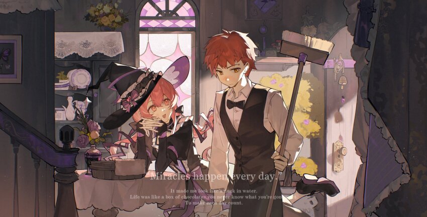 1boy 1girl black_jacket black_suit broom broom_riding couple cross cross_print dress_shoes emiya_shirou fate/stay_night fate_(series) formal_clothes grey_suit grey_visor hat highres house jacket large_hat looking_to_the_side magic mansion master_and_servant momomiya_shizuku_(gaoyue_jixiang) oc_x_canon orange_hair original pants pastels pink_eyes print_ribbon red_hair ribbon servant shirt staff suit white_shirt witch witch_hat