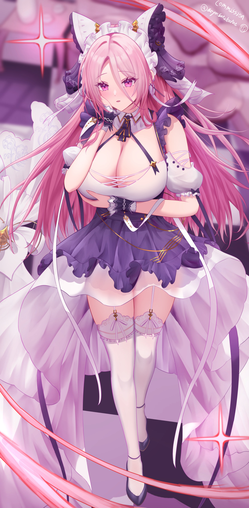 1girl absurdres alternate_costume animal_ears apron arms_under_breasts azur_lane breasts cheshire_(azur_lane) cheshire_(azur_lane)_(cosplay) cleavage commentary commission cosplay detached_sleeves dress eeyoosekedooaat english_commentary fake_animal_ears frilled_hairband frilled_ribbon frills full_body garter_straps hairband highres huge_breasts lace lace-trimmed_thighhighs lace_trim layered_dress lexington_(azur_lane) long_hair long_ribbon looking_at_viewer maid_headdress pink_eyes pink_hair pixiv_commission puffy_detached_sleeves puffy_sleeves purple_apron purple_shoes ribbon shoes solo thighhighs white_dress white_garter_straps white_thighhighs wrist_cuffs