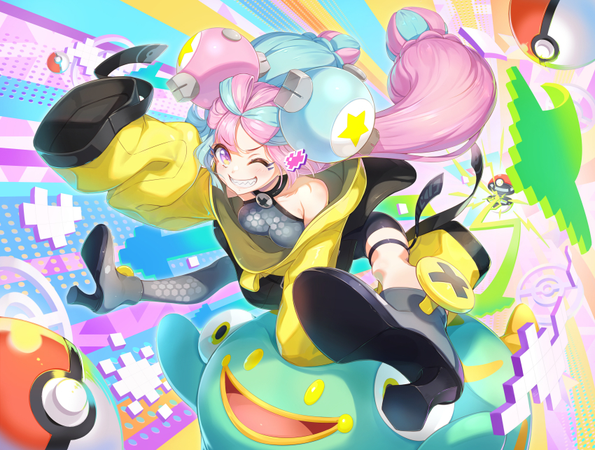 1girl absurdres aqua_hair bellibolt boots breasts commentary_request eyelashes floating_hair grey_footwear grey_pantyhose grey_shirt grin high_heel_boots high_heels highres iono_(pokemon) jacket long_hair long_sleeves medium_breasts multicolored_hair nintendo one_eye_closed pantyhose pink_hair poke_ball poke_ball_(basic) pokemon pokemon_(creature) pokemon_sv purple_eyes sharp_teeth shirt shoe_soles single_leg_pantyhose sleeveless sleeveless_shirt sleeves_past_fingers sleeves_past_wrists smile teeth tel-o thigh_strap twintails two-tone_hair yellow_jacket