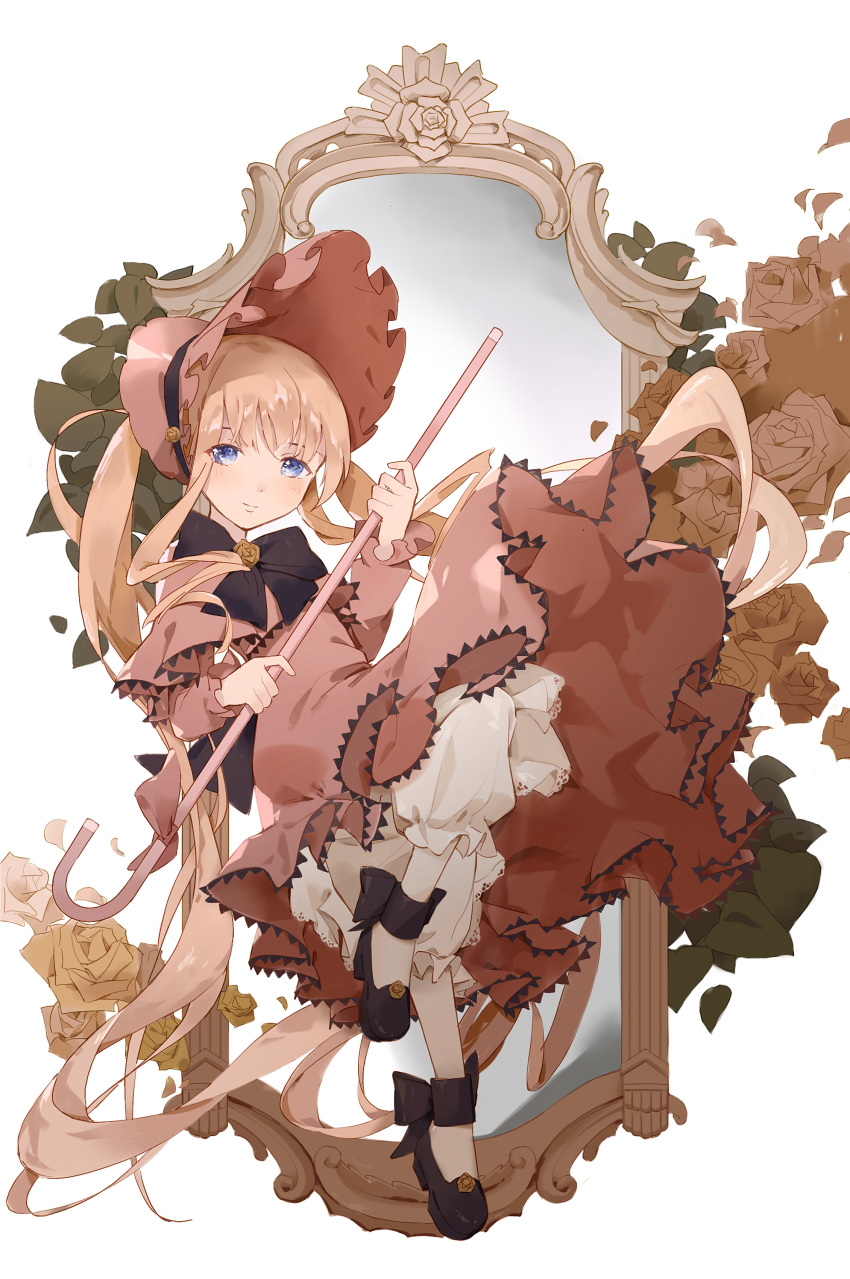 1girl absurdres blonde_hair blue_eyes bonnet cane frilled_bonnet frills full_body highres holding holding_cane long_hair long_sleeves looking_at_viewer mirror myth1944 red_bonnet rozen_maiden shinku solo very_long_hair