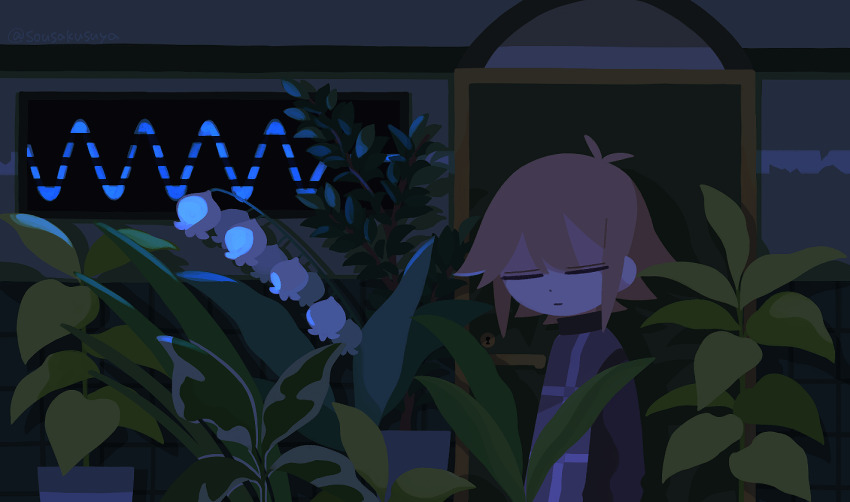 1girl antenna_hair arms_at_sides black_sweater blonde_hair closed_eyes closed_mouth dark_room door expressionless facing_to_the_side facing_viewer flipped_hair flower from_side indoors keyhole lily_of_the_valley long_sleeves plaid_clothes plaid_vest plant plant_request potted_plant purple_vest short_hair sidelighting sidelocks solo suyazzz_(soyoyon) sweater turtleneck turtleneck_sweater upper_body urotsuki vest white_flower yume_2kki
