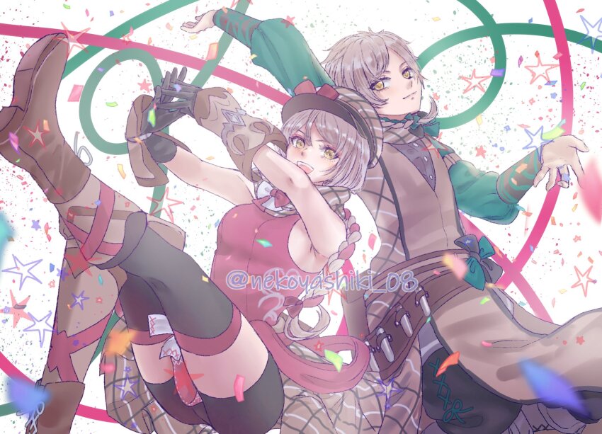 1boy 1girl blonde_hair braid brother_and_sister brown_scarf clanne_(fire_emblem) fire_emblem fire_emblem_engage framme_(fire_emblem) gloves green_hair hat highres multicolored_hair nekoyashiki_08 nintendo open_mouth pink_hair plaid_clothes plaid_hat plaid_scarf scarf siblings single_braid smile split-color_hair twins yellow_eyes