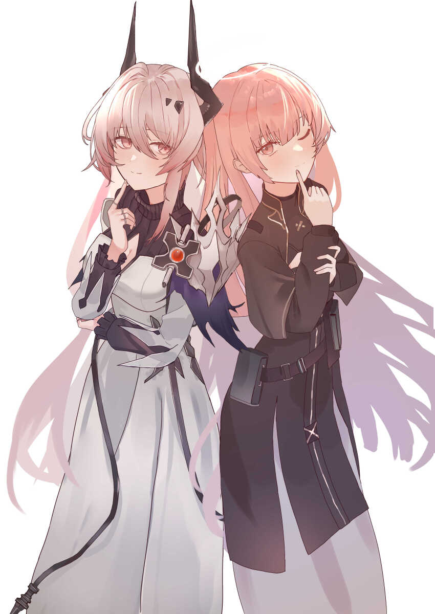 2girls ;d absurdres arknights black_horns breasts cleavage cleavage_cutout closed_mouth clothing_cutout commentary_request cowboy_shot finger_to_cheek hair_between_eyes hand_on_own_elbow hand_on_own_wrist heads_together highres horns lemuen_(arknights) long_hair long_sleeves looking_at_viewer medium_breasts multiple_girls one_eye_closed open_mouth pink_eyes pink_hair simple_background smile standing suzubotan theresa_(arknights) white_background