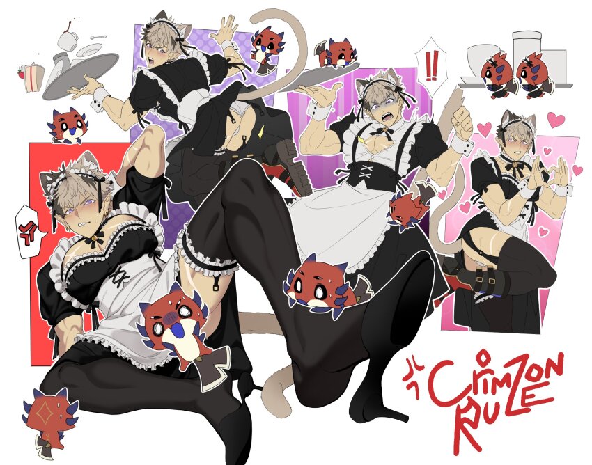 ! !! 1boy anger_vein animal_ears apron ass bell black_thighhighs blush boots bow brown_hair bursting_pectorals cake cat_boy cat_ears cat_tail censored character_censor character_name choker collage creature crimzon_ruze crossdressing cup dropping embarrassed fangs food frilled_apron frilled_choker frilled_panties frilled_thighhighs frills grey_hair heart heart_hands high_heels highres hiropon_(owo_hiropon) holostars holostars_english jingle_bell kemonomimi_mode large_pectorals maid maid_apron maid_headdress male_focus multicolored_hair multiple_views novelty_censor outline panties pantyshot pectorals pink_background plate pointy_ears polka_dot polka_dot_background purple_background purple_eyes red_background ribbon ruzader_(crimzon_ruze) shaded_face shoe_dangle spilling spoken_anger_vein spoken_exclamation_mark striped_background tail teacup thighhighs toned toned_male tray tripping two-tone_hair underwear virtual_youtuber white_outline white_panties