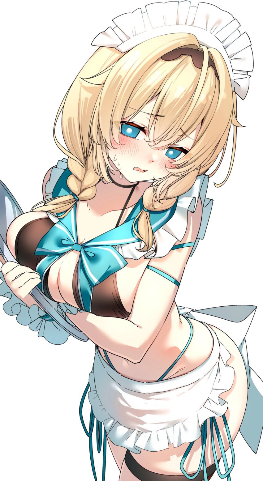 1girl alternate_costume apron aqua_bow aqua_bowtie aqua_eyes aqua_sailor_collar arm_under_breasts bikini black_bikini black_hairband blonde_hair blush bow bowtie breasts cleavage commentary darjeeling_(reley) detached_collar double-parted_bangs frilled_apron frilled_sailor_collar frilled_wrist_cuffs frills hair_over_shoulder hairband highleg highleg_bikini highres holding holding_tray hololive kazama_iroha large_breasts looking_at_viewer maid maid_apron maid_bikini maid_headdress medium_hair navel open_mouth sailor_collar simple_background solo swimsuit symbol-only_commentary thigh_strap tray unconventional_maid virtual_youtuber wavy_mouth white_background wrist_cuffs