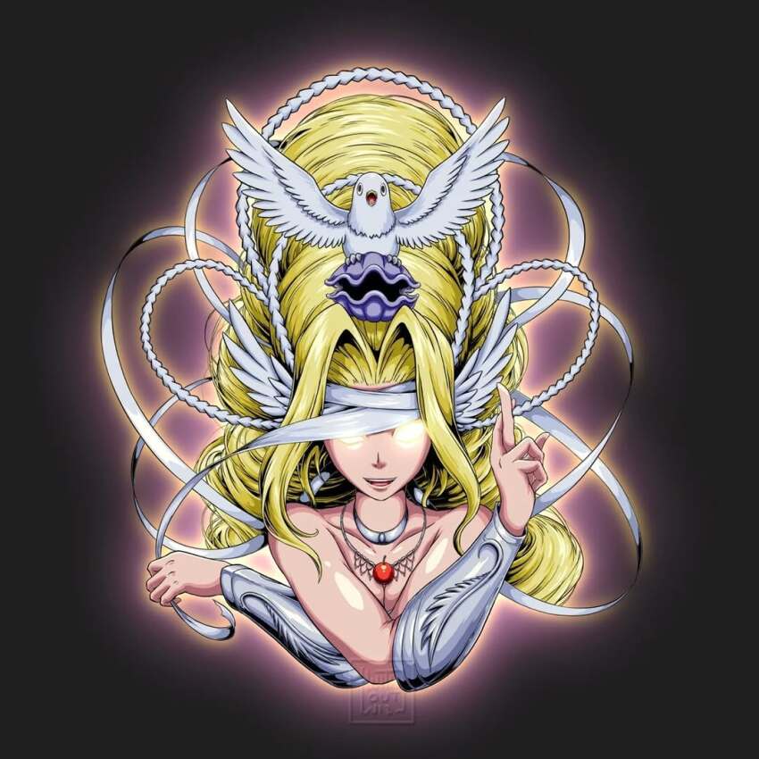 1girl bare_shoulders bird black_background blonde_hair breasts collarbone digimon digimon_(creature) dove glowing glowing_eyes head_wings large_breasts long_hair olive_(digimon) shell simple_background unworn_blindfold venusmon very_long_hair wings with_out_will