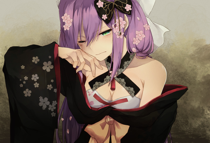 1girl animal_print black_bow black_kimono bow breasts bruise bruised_eye butterfly_print cherry_blossom_print cleavage criss-cross_halter falling_petals floral_print flower green_eyes hair_bow hair_flower hair_ornament halterneck hand_on_own_cheek hand_on_own_face injury japanese_clothes kimono nijisanji obi off_shoulder orange_sash petals purple_hair safai sakura_ritsuki sakura_ritsuki_(1st_costume) sash shirt solo tearing_up virtual_youtuber white_bow white_shirt