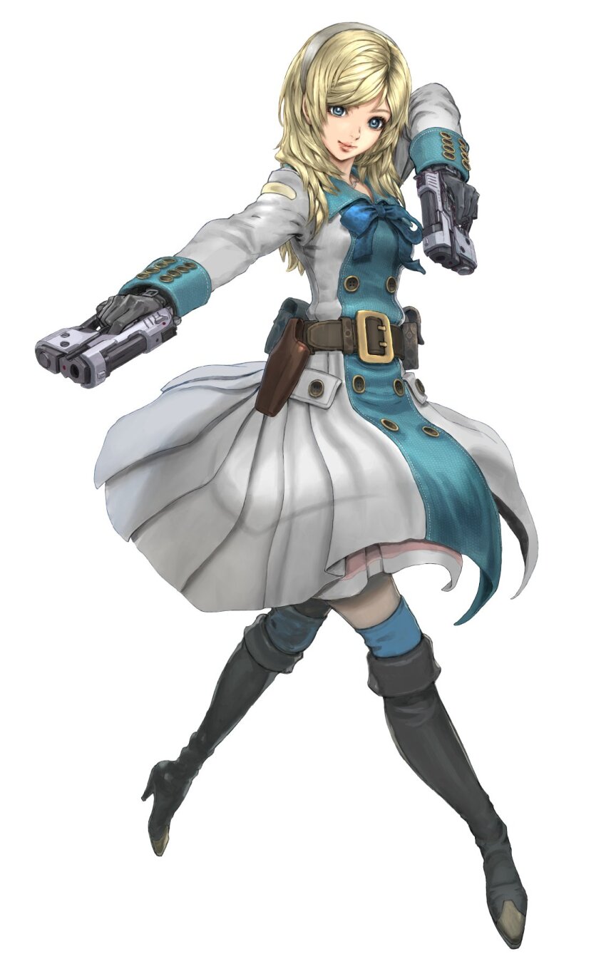 1girl black_gloves blonde_hair blue_eyes boots bow bowtie commentary company_connection copyright_name dress dual_wielding end_of_eternity full_body gloves gun hairband handgun high_heel_boots high_heels highres holding holding_gun holding_weapon holster knee_boots long_hair looking_at_viewer official_art reanbell smile solo star_ocean star_ocean_anamnesis weapon white_background yasuda_akira