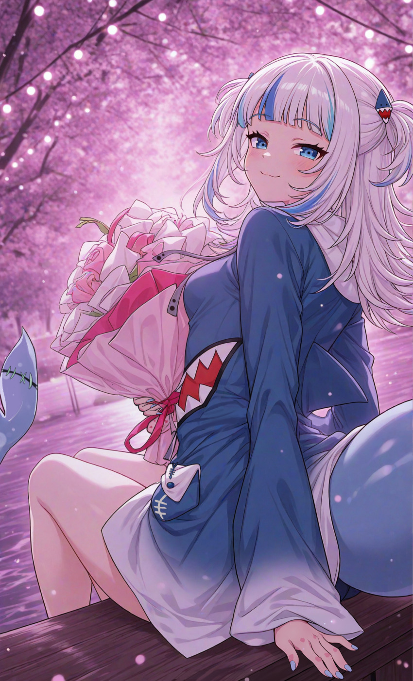 1girl animal_costume blue_eyes blue_hair blue_hoodie blurry blurry_background blush bouquet breasts commentary english_commentary fingernails fins fish_tail flower gawr_gura gawr_gura_(1st_costume) graduation hair_ornament highres hololive hololive_english hood hoodie medium_hair multicolored_hair ocean self-upload shark shark_costume shark_girl shark_tail small_breasts smile solo streaked_hair tail tree virtual_youtuber white_hair zeethienix